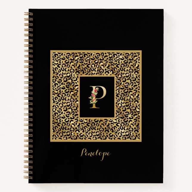 Modern Leopard Gold Personal Monogram Letter P Notizbuch (Vorderseite)