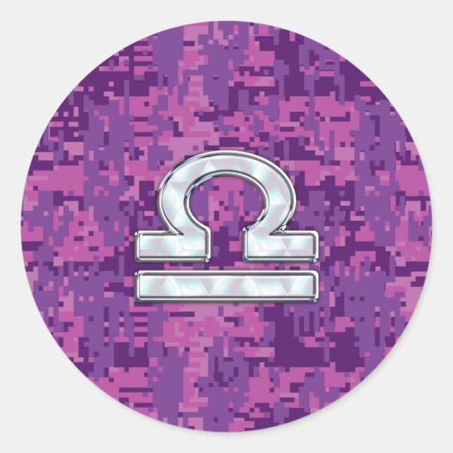 Modern Libra Zodiac Symbol on Fuchsia Digital Camo Runder Aufkleber (Vorderseite)
