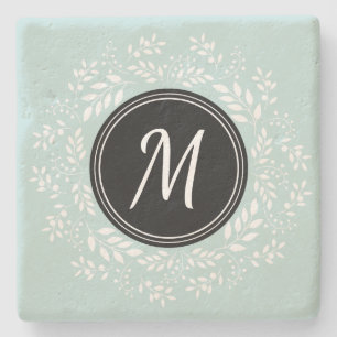 Modern Light Blue Floral Wreath Personalisiert Steinuntersetzer