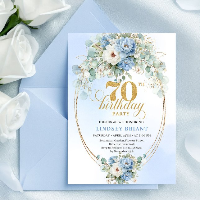 Modern Light Blue Flowers 70th Birthday Invitation (Modern Light Blue Flowers 70th Birthday Invitation Card

)