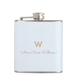 Modern Light Dusty Blue Gold Script Monogram Flachmann