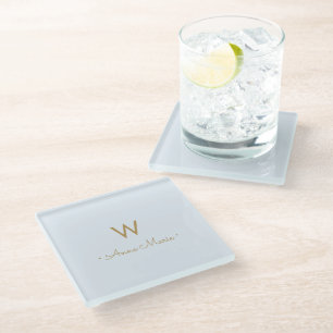 Modern Light Dusty Blue Gold Script Monogram Glasuntersetzer