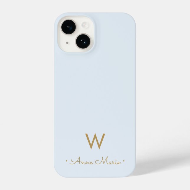 Modern Light Dusty Blue Gold Script Monogram iPhone 14 Hülle (Rückseite)