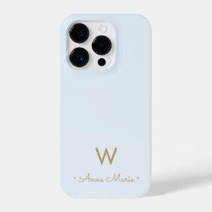 Modern Light Dusty Blue Gold Script Monogram iPhone 14 Pro Hülle
