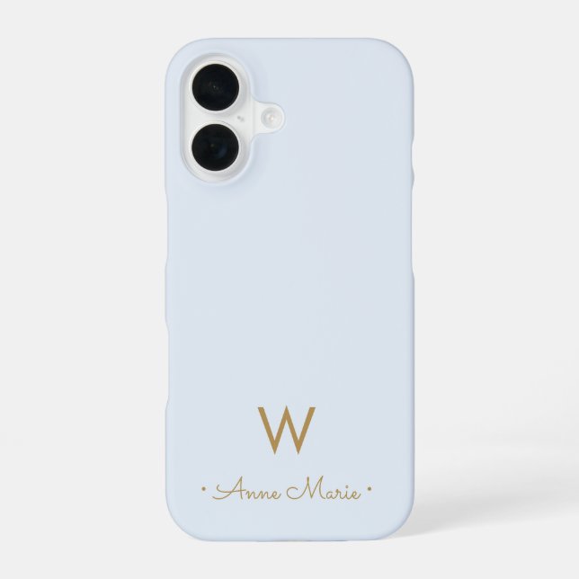 Modern Light Dusty Blue Gold Script Monogram iPhone 16 Hülle (Rückseite)