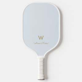 Modern Light Dusty Blue Gold Script Monogram Pickleball Schläger