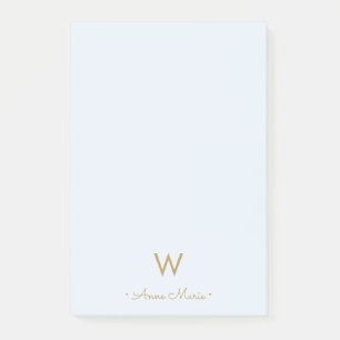 Modern Light Dusty Blue Gold Script Monogram Post-it Klebezettel