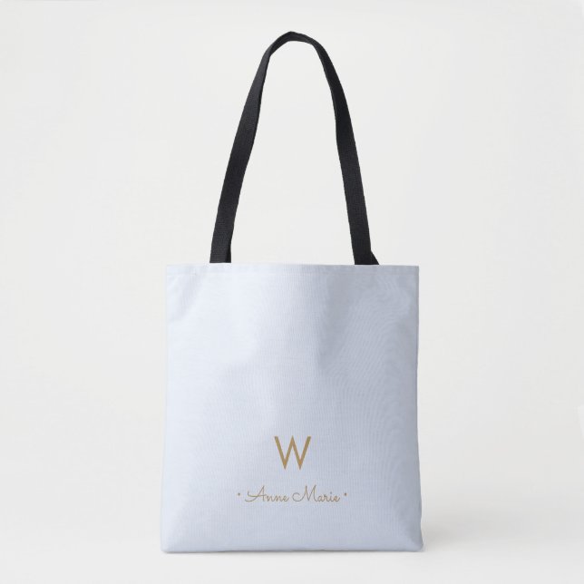 Modern Light Dusty Blue Gold Script Monogram Tasche (Vorderseite)