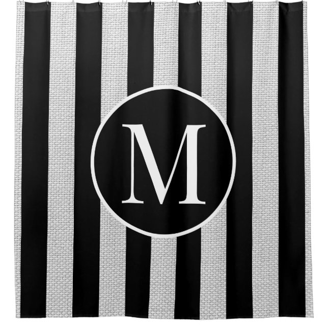 Modern Light Gray Linen Black Stripes Monogramm Duschvorhang (Vorderseite)
