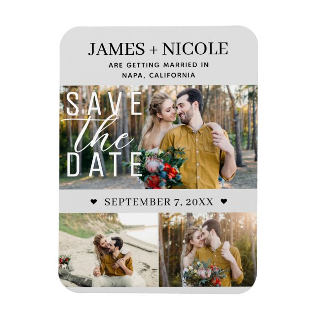 Modern Light Gray Save the Date Hochzeit 3 Fotos Magnet (Vertikal)