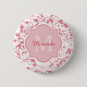 Modern Light Pink Floral Girl Monogramm mit Name Button