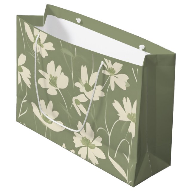 Modern Light Sage White Wildflower Große Geschenktüte (Vorderseite Schrägansicht)
