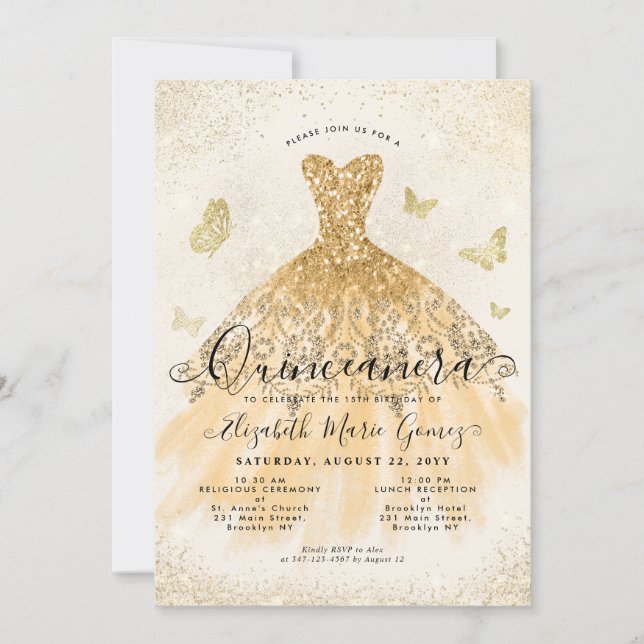 Modern Light Yellow Gold Glitzer Gown Quinceanera Einladung (Vorderseite)