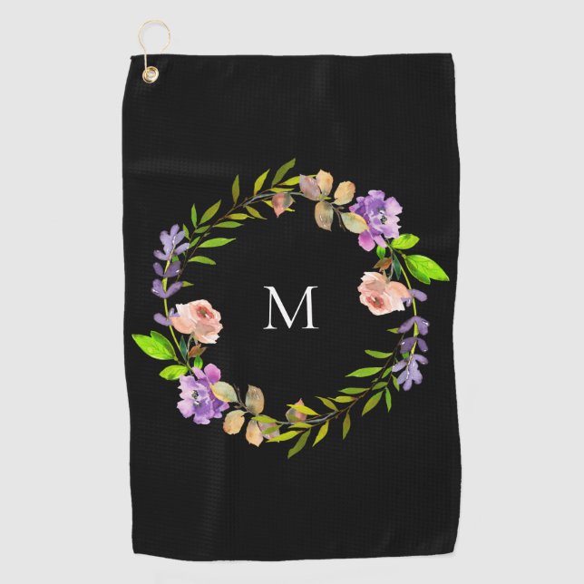 Modern Lila Pfirsichschwarzes Blumenkreuz Monogram Golfhandtuch (Vorderseite)