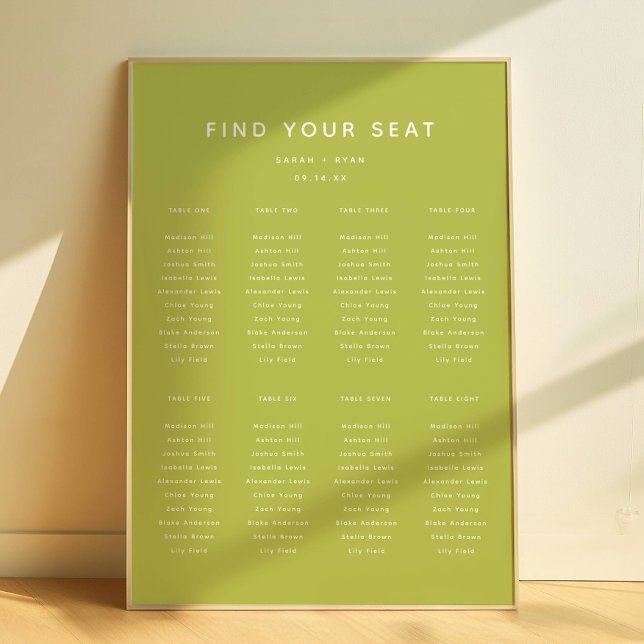 Modern Lime Green Wedding 8-Table Seating Chart Poster (Von Creator hochgeladen)