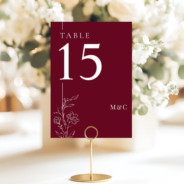 Modern Line Art Floral Burgundy Elegant Wedding Tischnummer (Von Creator hochgeladen)