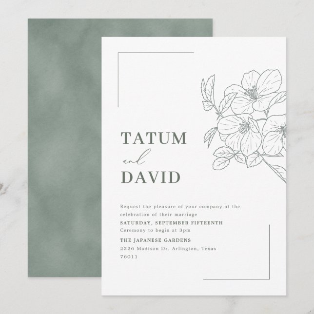 Modern Line Art Floral Green Wedding Invite Einladung (Vorne/Hinten)