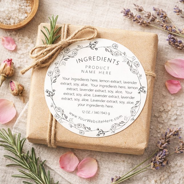 Modern Line Art Floral Wreath Ingredients Labels Runder Aufkleber (Modern Line Art Floral Wreath Ingredients Labels)