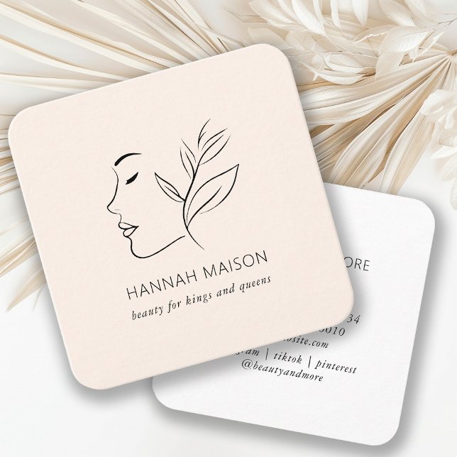 Modern, Line Art, Frau, Leafe, Salon, Beige Quadratische Visitenkarte (Von Creator hochgeladen)