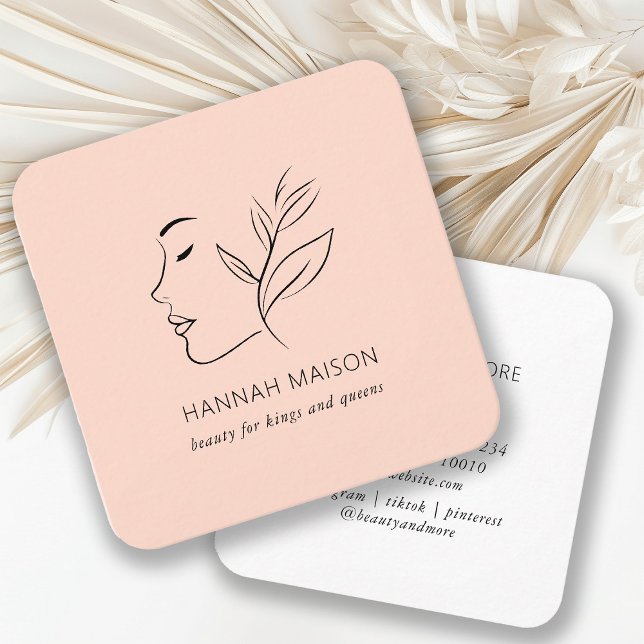 Modern, Line Art, Frauen, Blätter, Salon, Peach Quadratische Visitenkarte (Von Creator hochgeladen)
