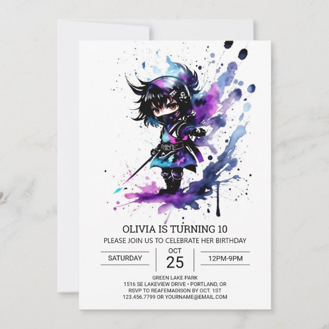 Modern Little Ninja Girl Geburtstag Einladung (Vorderseite)