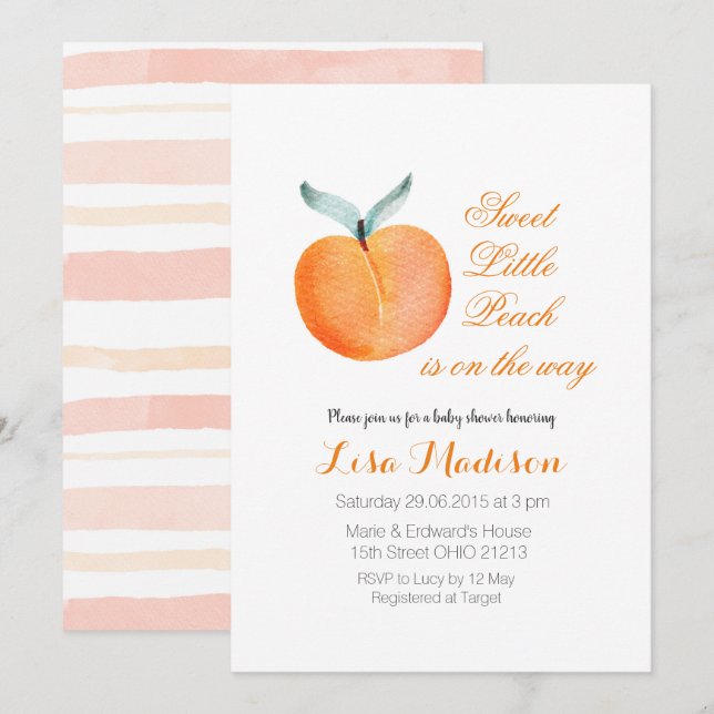 Modern Little Peach ist auf dem Weg Babydusche Einladung (Vorne/Hinten)