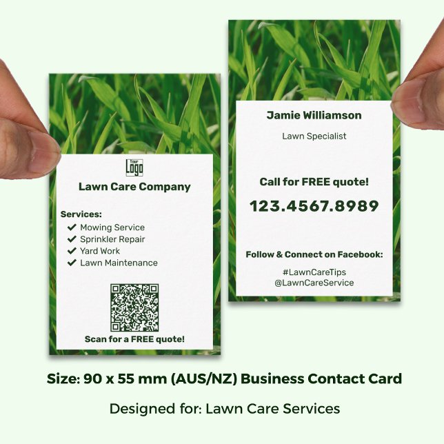 Modern Logo List QR Call to Action Lawn Care Visitenkarte (Modern Logo List QR Call to Action Lawn Care Business Card, size 90 x 55 mm (AUS/NZ))