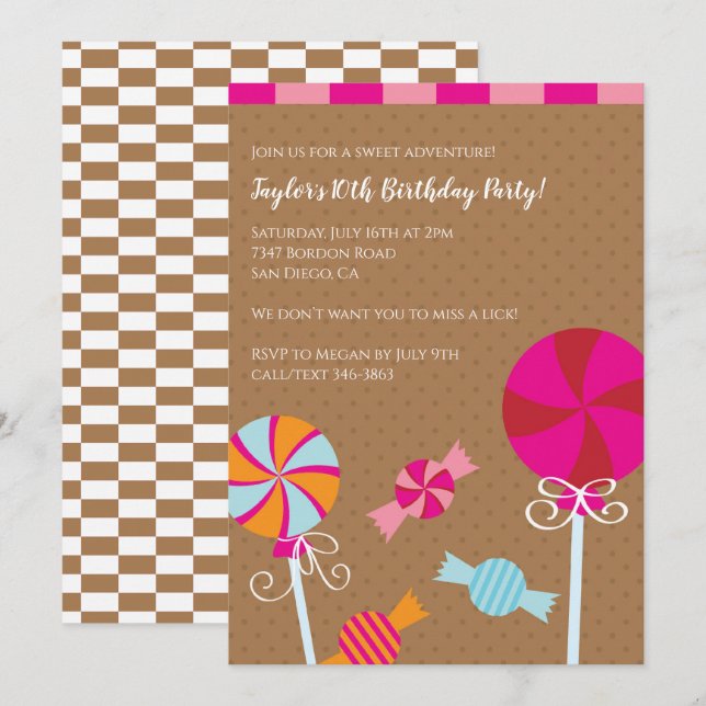 Modern Lollipop : Pink Brown Candy Birthday Party Einladung (Vorne/Hinten)