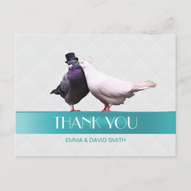 Modern Love Birds Blue Ribbon Vielen Dank Postkarte (Vorderseite)