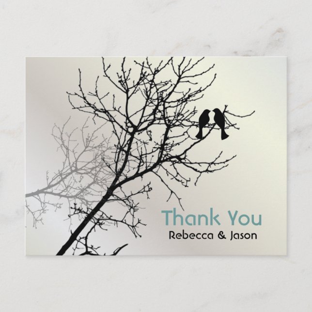 Modern Love Birds Tree White Wedding Vielen Dank Postkarte (Vorderseite)