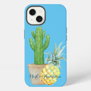 Modern Love Blue Ananas und Kaktus Strandtuch iPhone Hülle
