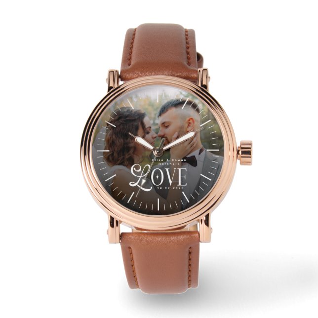 Modern Love Custom Wedding Photo Couples Monogram Armbanduhr (Vorderseite)