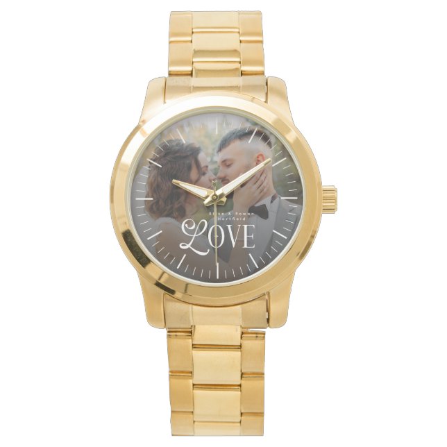 Modern Love Custom Wedding Photo Couples Monogram Armbanduhr (Vorderseite)