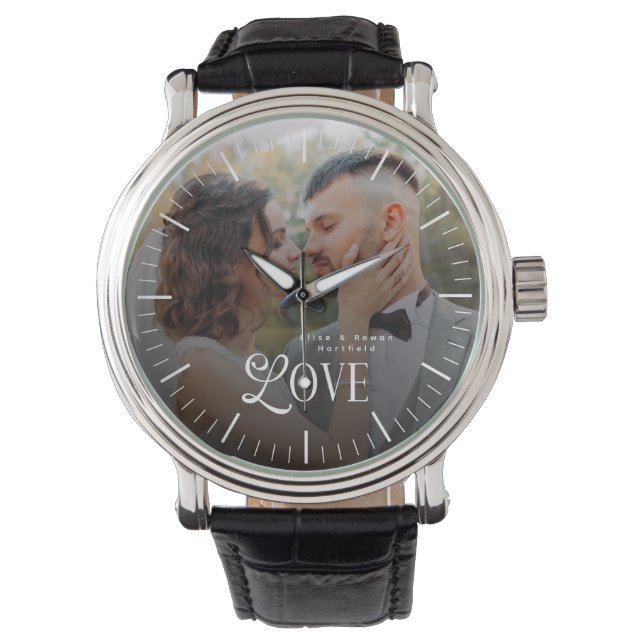 Modern Love Custom Wedding Photo Couples Monogram Armbanduhr (Vorderseite)