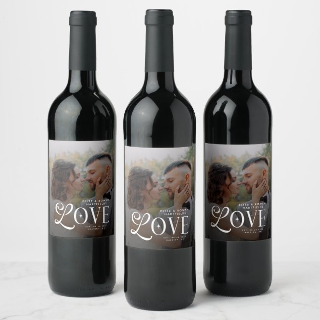 Modern Love Custom Wedding Photo Couples Monogram Weinetikett (Flaschen)