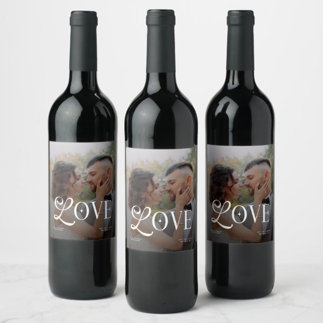 Modern Love Custom Wedding Photo Couples Monogram Weinetikett (Flaschen)