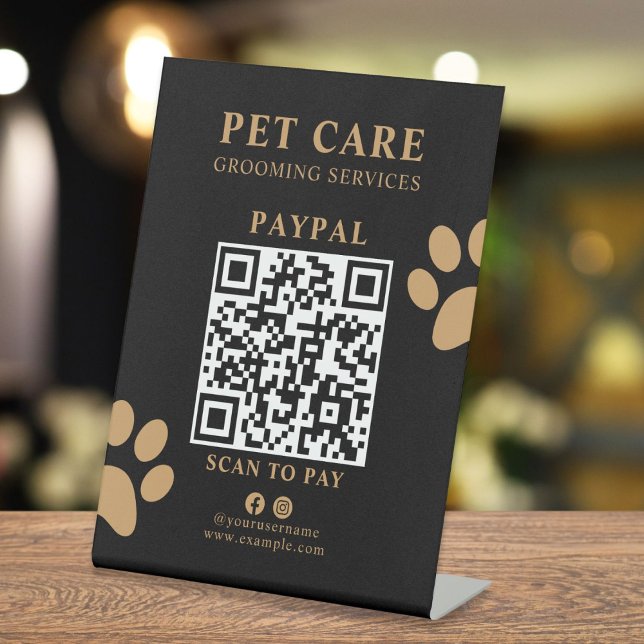 Modern Luxury Black Gold Paw Pet Grooming Service Sockelschild (personalized modern black gold professional scan to pay pet store pedestal sign )