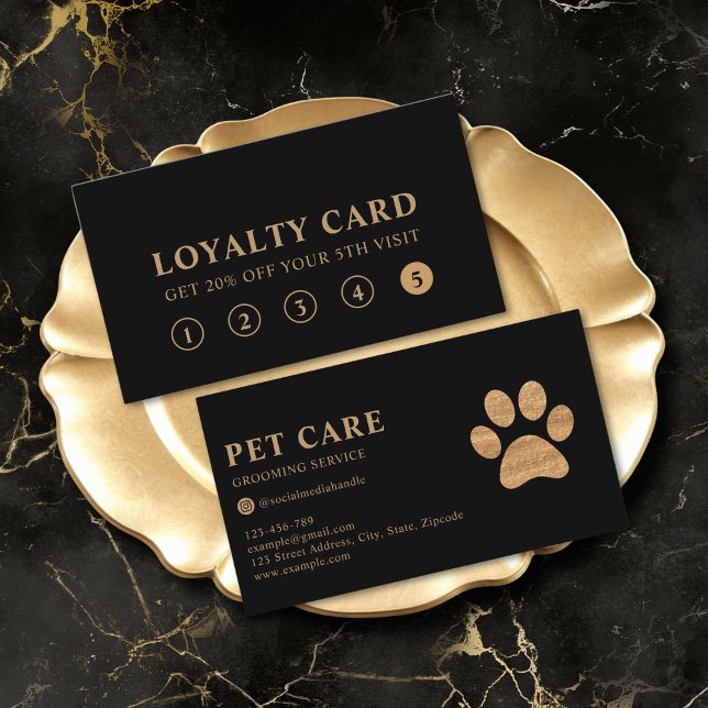 Modern Luxury Black Gold Pet Paw Loyalty Card Visitenkarte (professional premium black gold modern pet grooming service loyalty card)