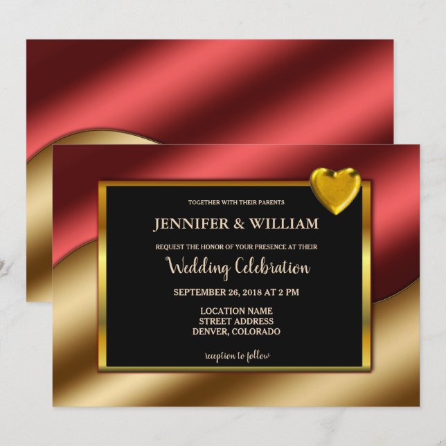 Modern Luxury Red Gold Glitzer Herzen Hochzeit Einladung (Vorne/Hinten)