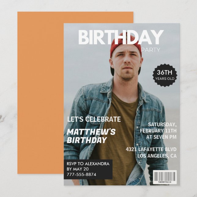 Modern Magazine Cover für ihn 36. Geburtstag Einladung (Vorne/Hinten)