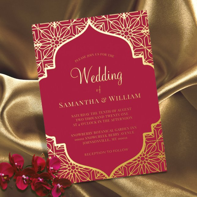 Modern Magenta Red Gold Wedding Foil Einladung (Von Creator hochgeladen)