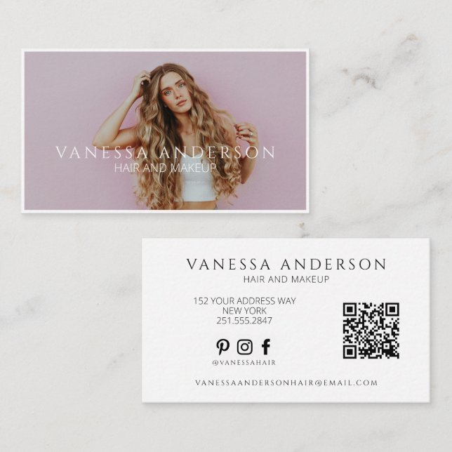 Modern Makeup Artist Hair Stylist QR Code Photo Visitenkarte (Vorne/Hinten)