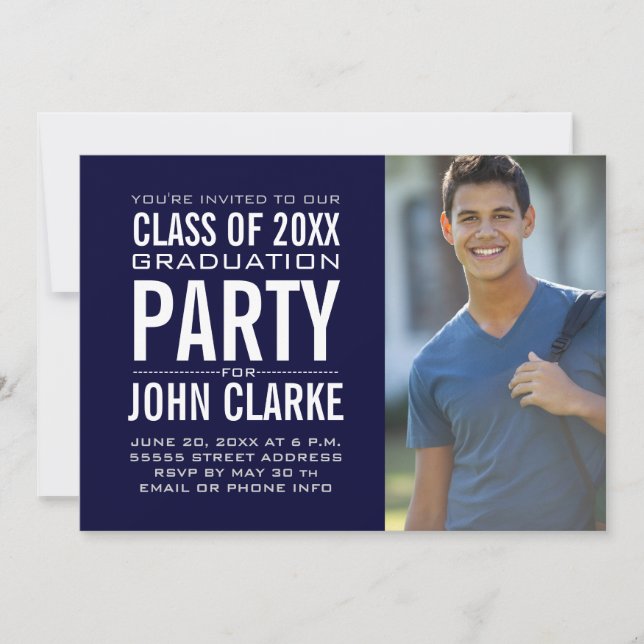 Modern Male Grad | Navy Blue Graduation Party Einladung (Vorderseite)