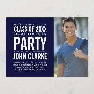 Modern Male Grad | Navy Blue Graduation Party Einladung