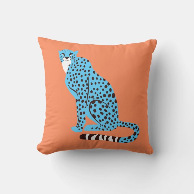 Modern Malibu Blue Cheetah auf Lachs Orange Kissen (Vorderseite)