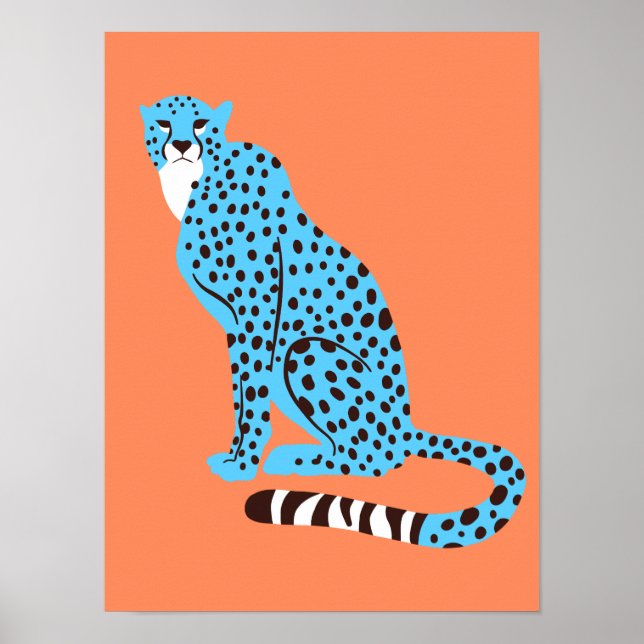 Modern Malibu Blue Cheetah auf Lachs Orange Poster (Vorne)