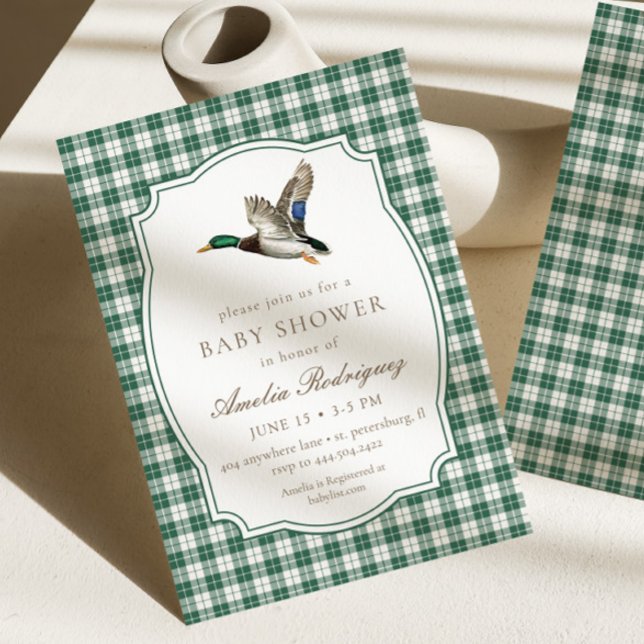 Modern Mallard Duck Neutral Gingham Baby Shower Einladung (Von Creator hochgeladen)