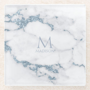 Modern Marble Glitter Monogram Dusty Blue ID816 Glasuntersetzer