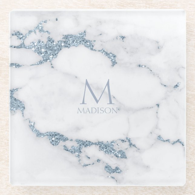 Modern Marble Glitter Monogram Dusty Blue ID816 Glasuntersetzer (Vorderseite)