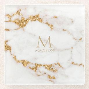 Modern Marble Glitzer Monogram Gold ID816 Glasuntersetzer